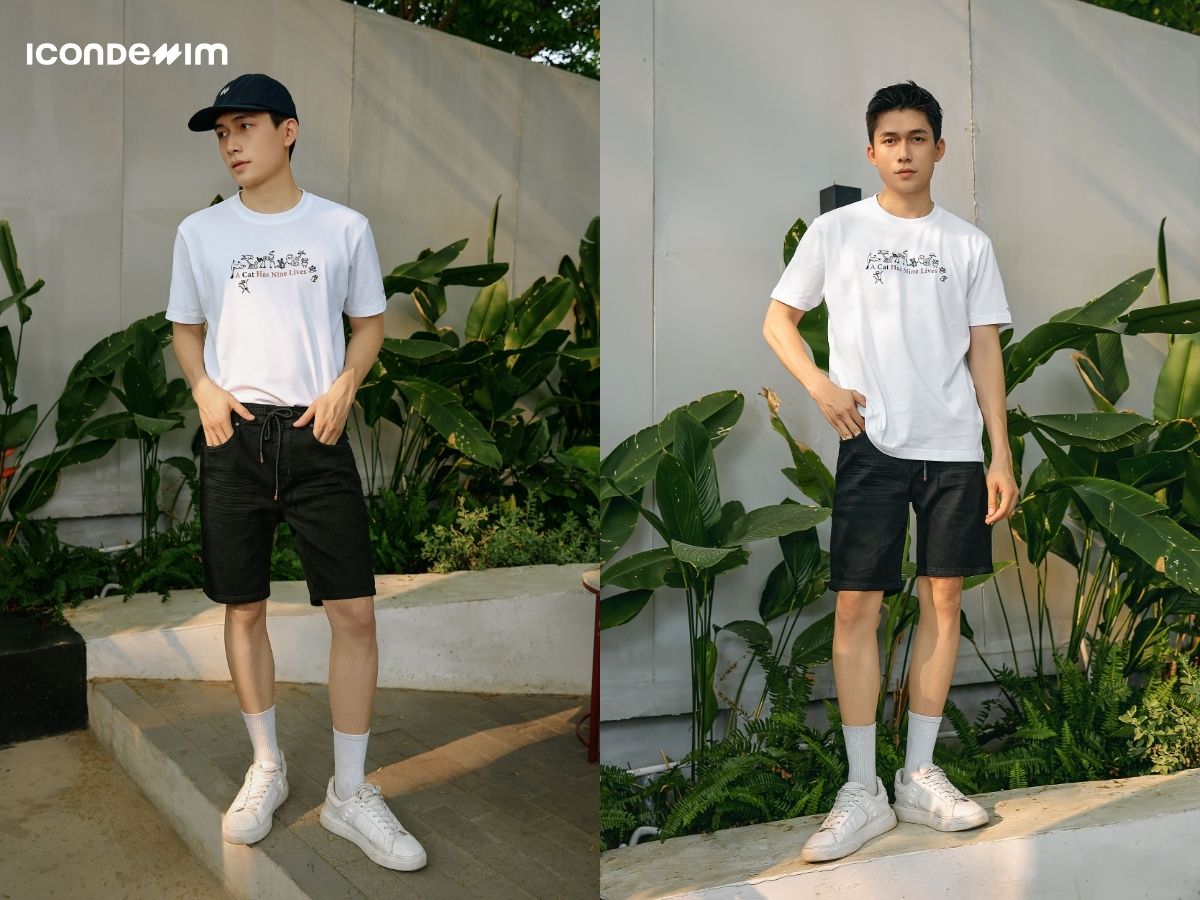 Phối áo thun màu trắng với quần short jeans năng động