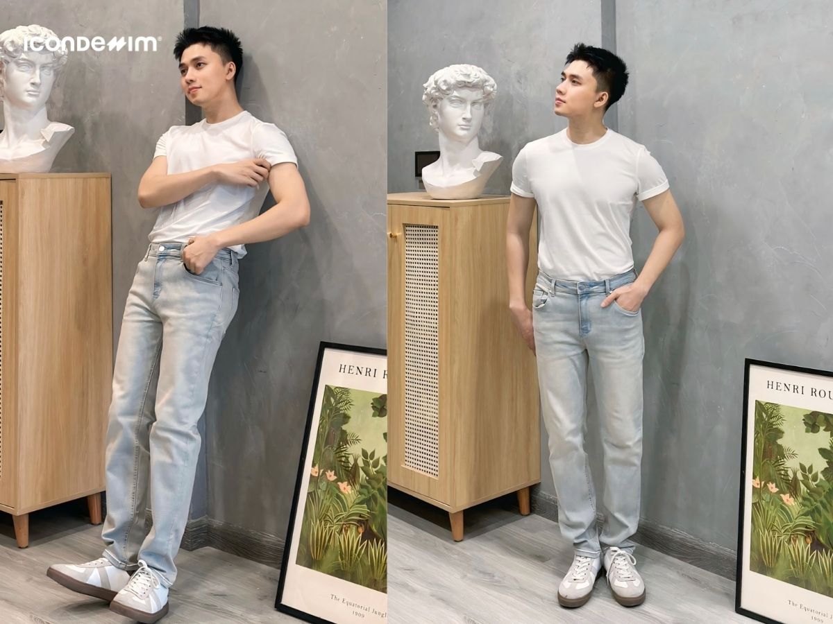 Áo thun phối với quần jeans ôm nam