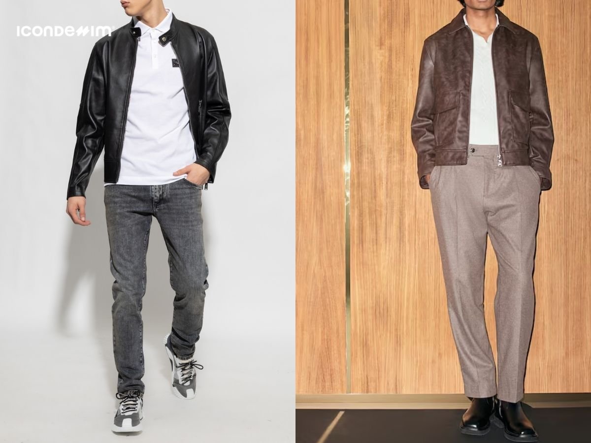 Áo thun polo trắng kết hợp jacket da chất