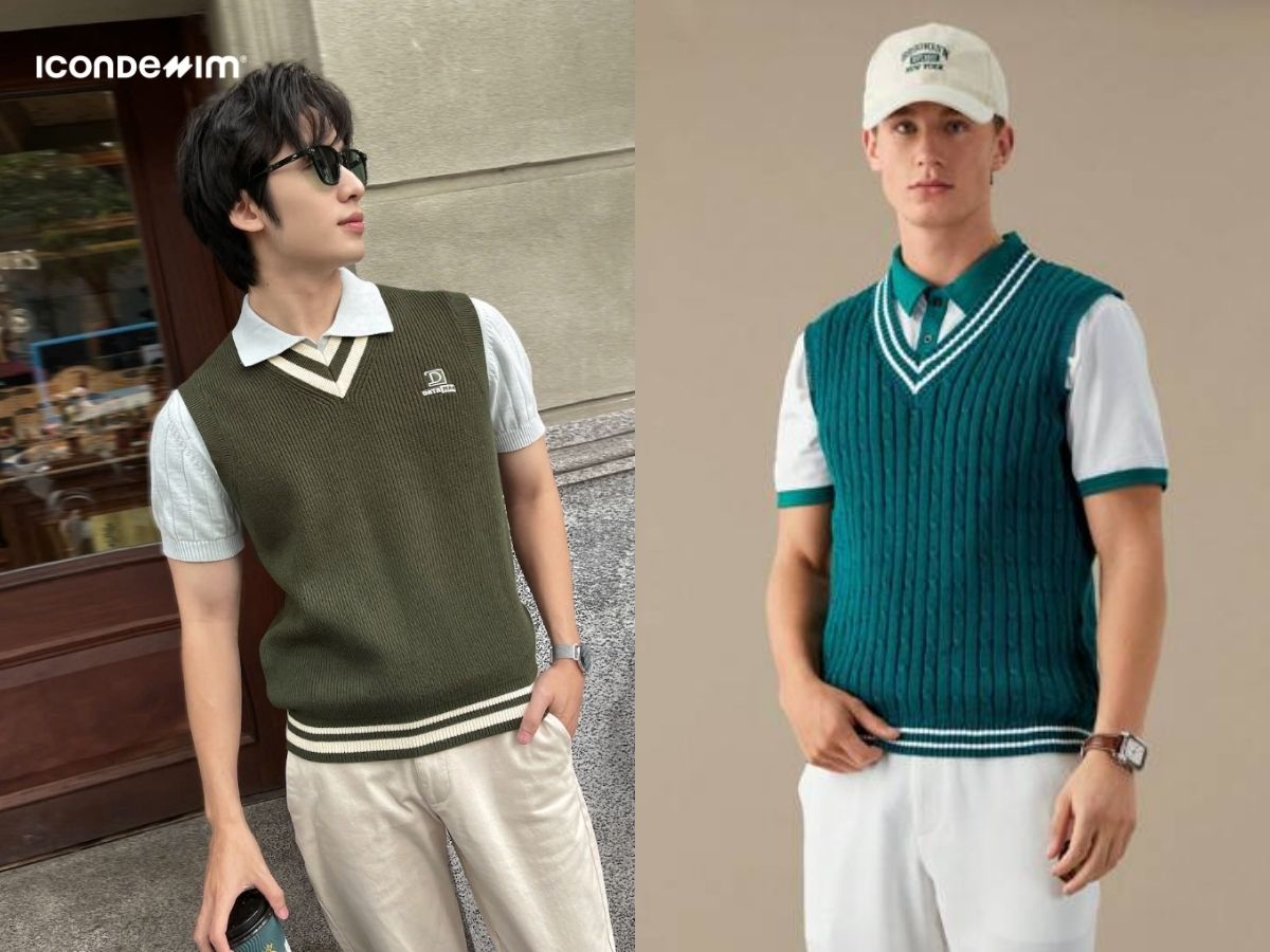 Áo thun polo trắng mix áo gile len