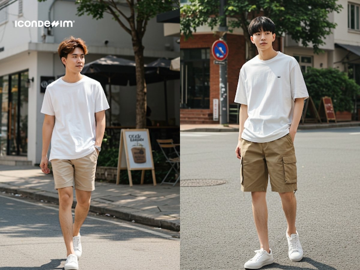 Set đồ thời trang mùa hè với áo thun, quần short và giày sneaker