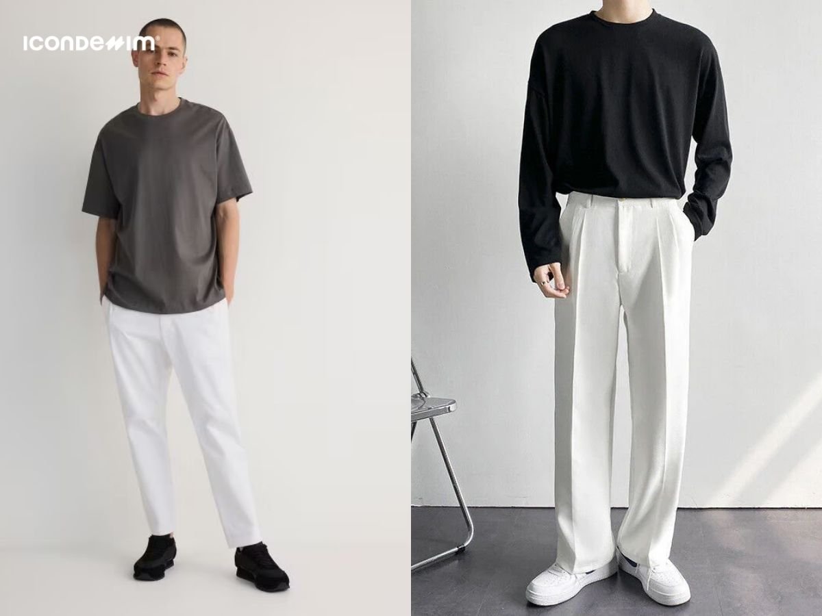 Áo thun trơn mix với quần baggy trắng tạo vẻ ngoài thư sinh, thoải mái