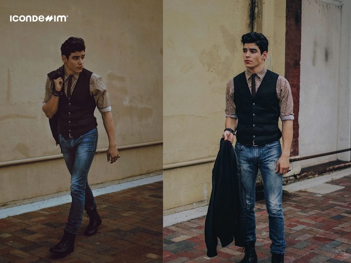 Áo vest gile, áo sơ mi và quần jeans