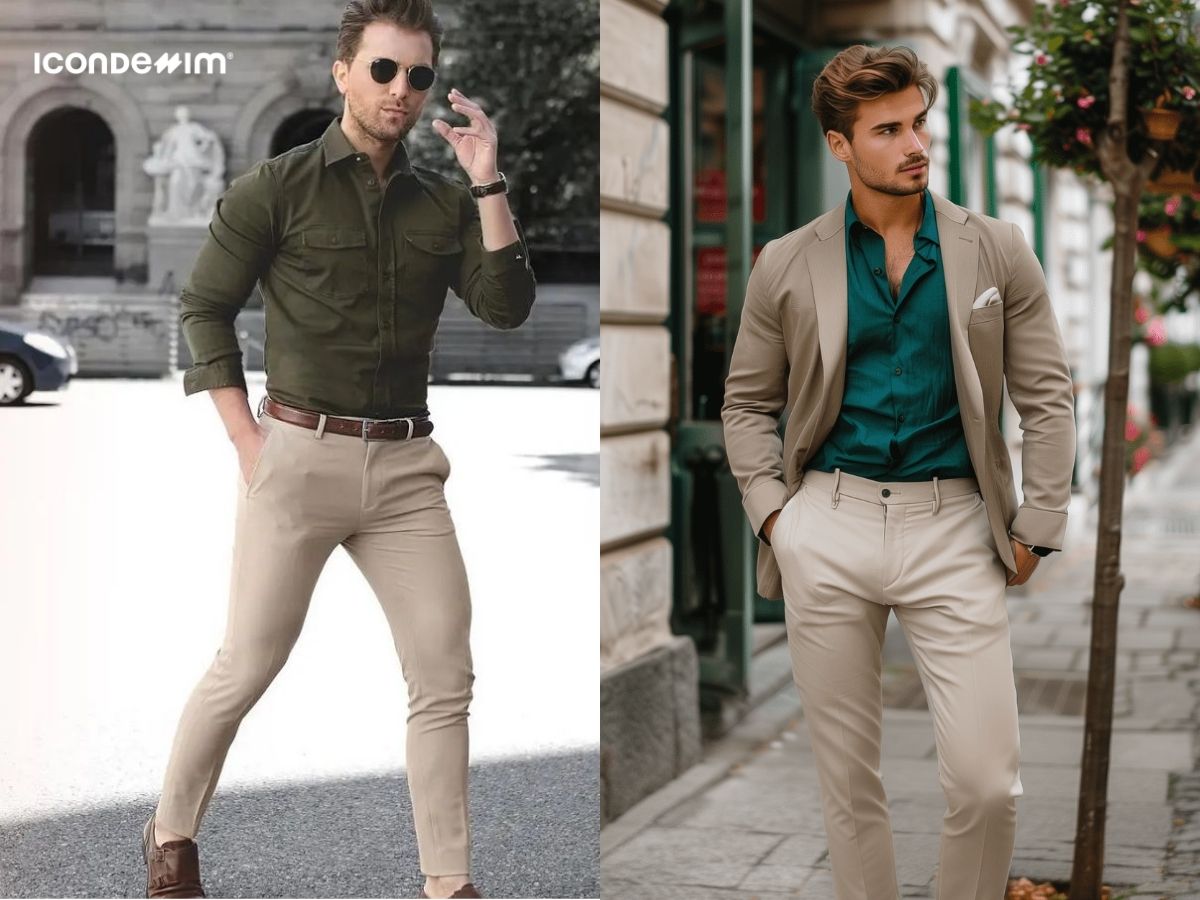 Áo xanh lá mix với quần be toát lên vẻ ngoài trẻ trung