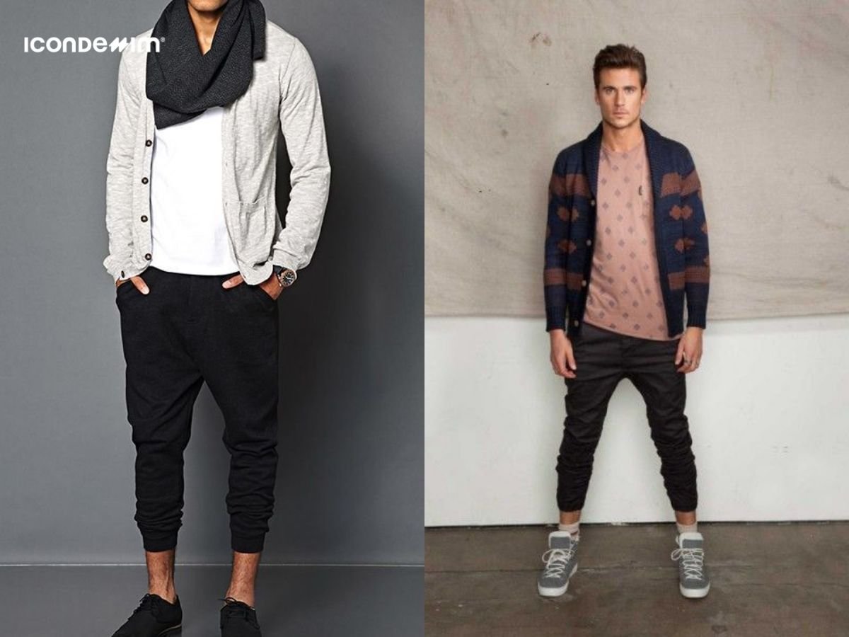 Phối áo cardigan và quần jogger cho nam đùi to