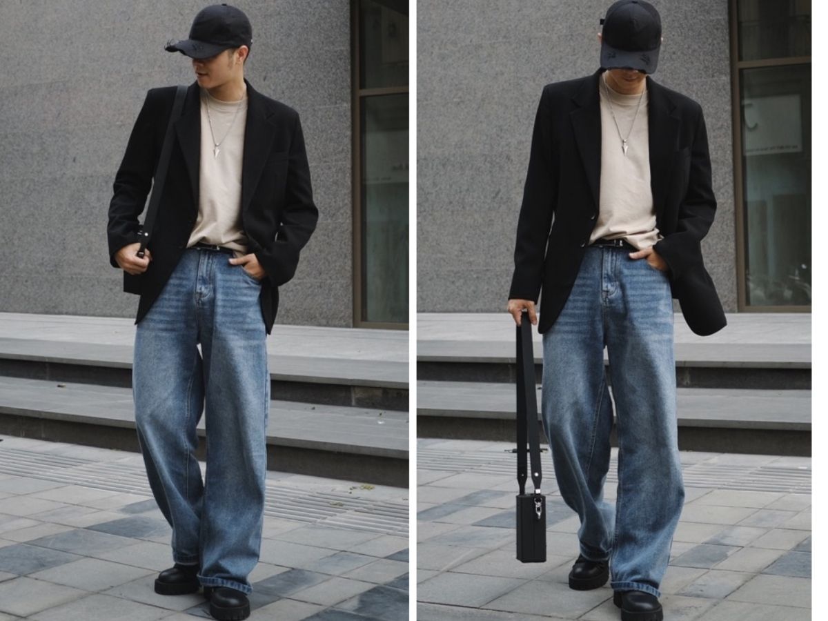 Quần baggy jeans phong cách Hàn Quốc mix với áo blazer