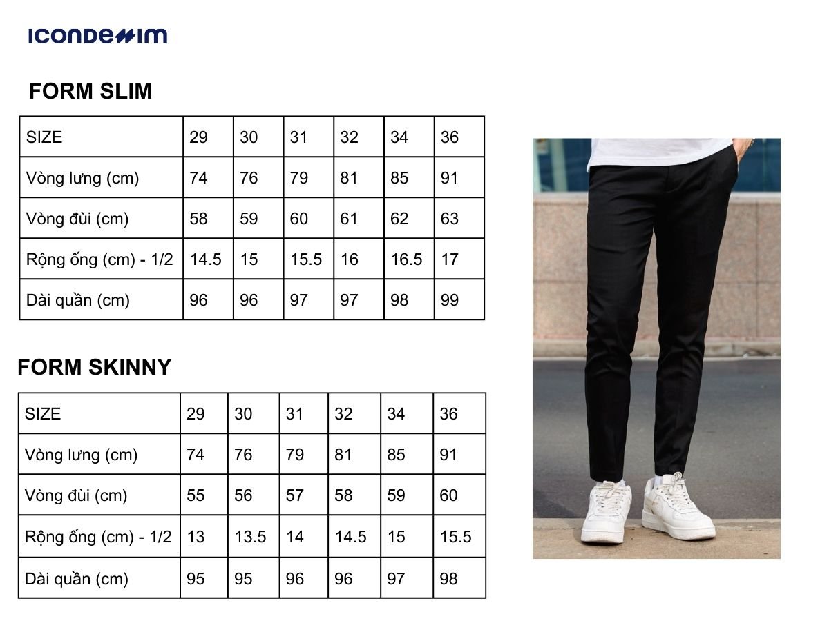 Bảng size quần tây nam của ICONDENIM