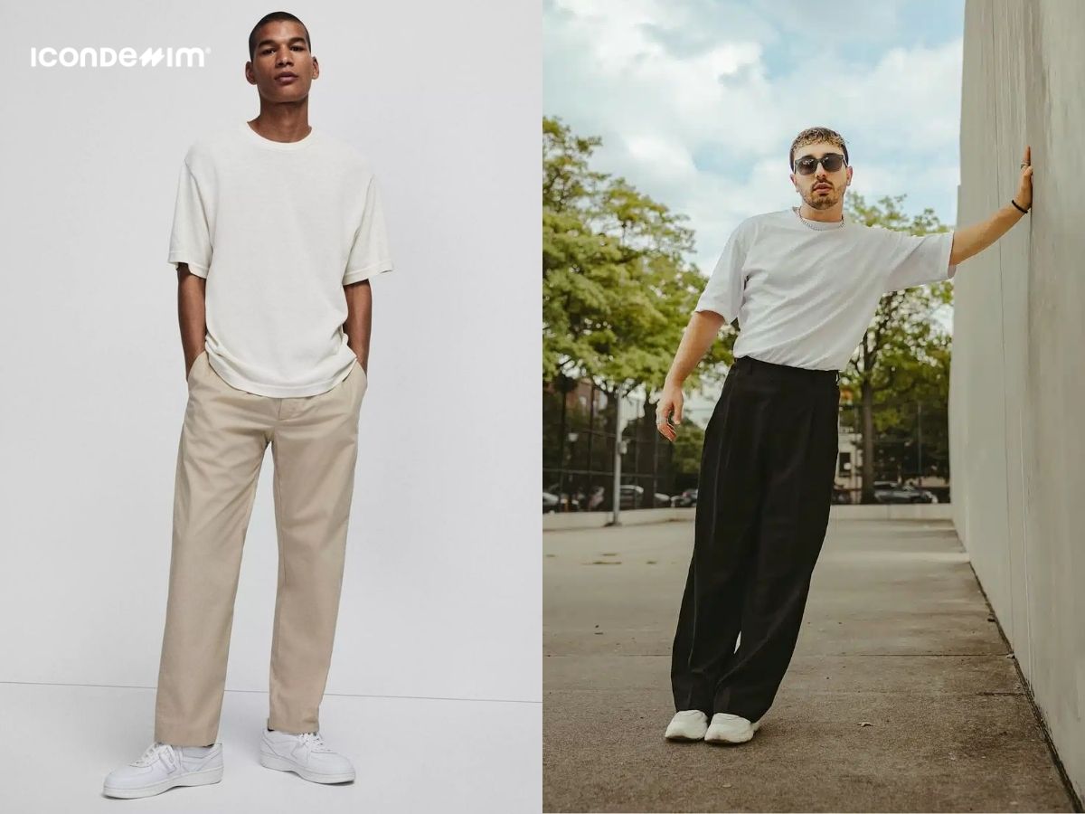 Áo thun basic, quần ống suông và giày sneaker trắng