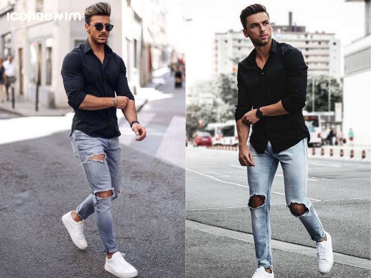 Combo bụi bặm quần jean rách và áo sơ mi đen