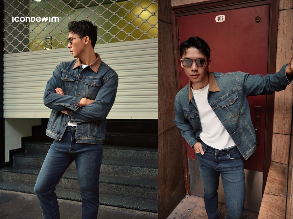 Mix đồ tết với áo khoác denim, áo thun cổ tròn và quần jeans