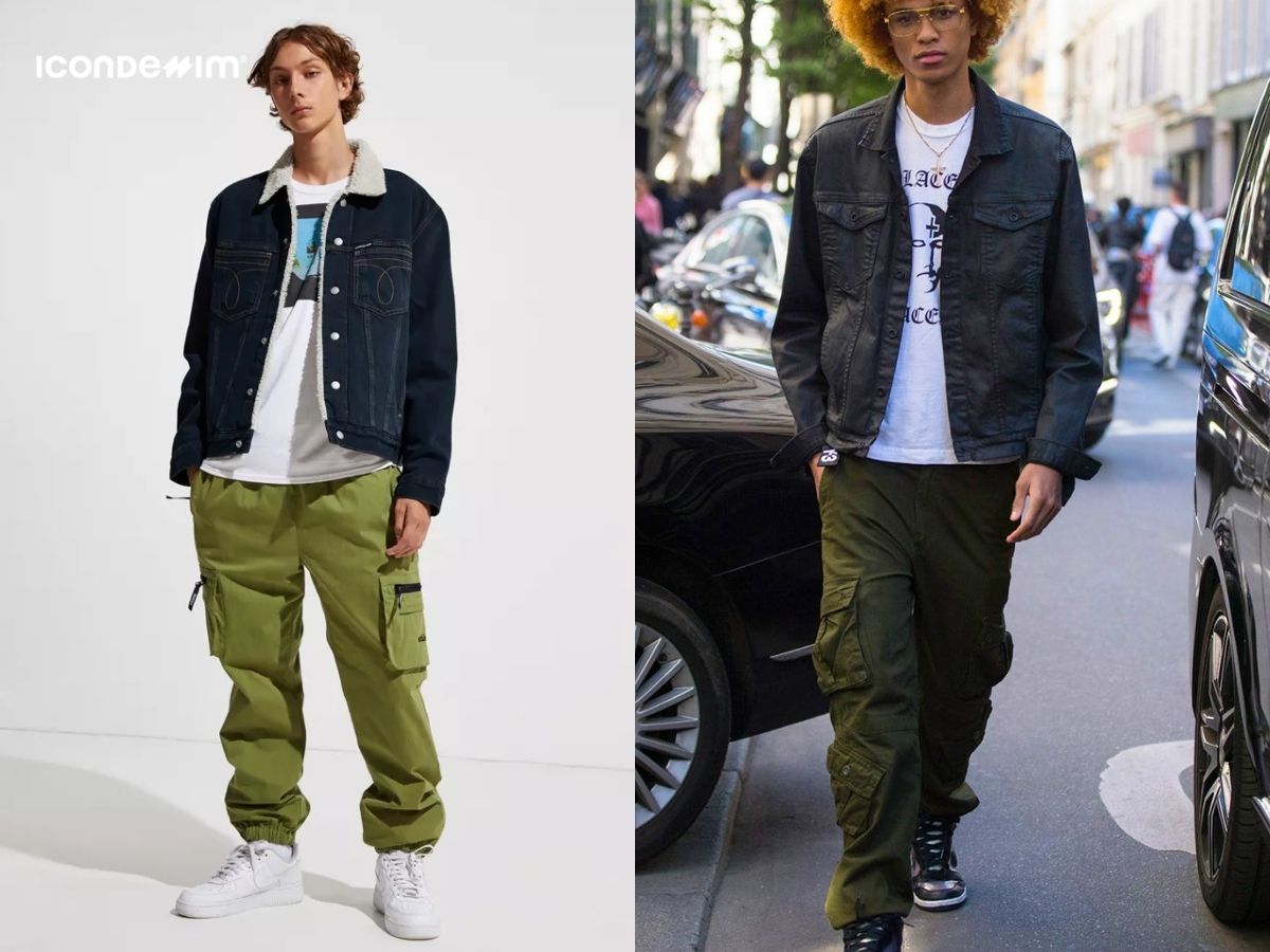 Phối áo khoác jeans, áo thun graphic và quần cargo