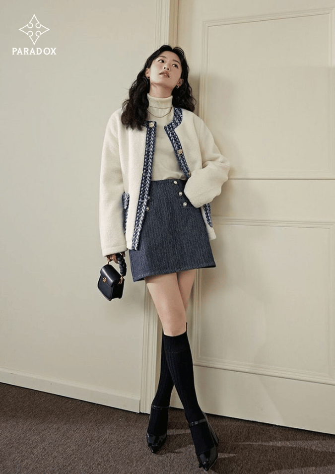 Chân váy dạ tweed phối với áo vải tweed