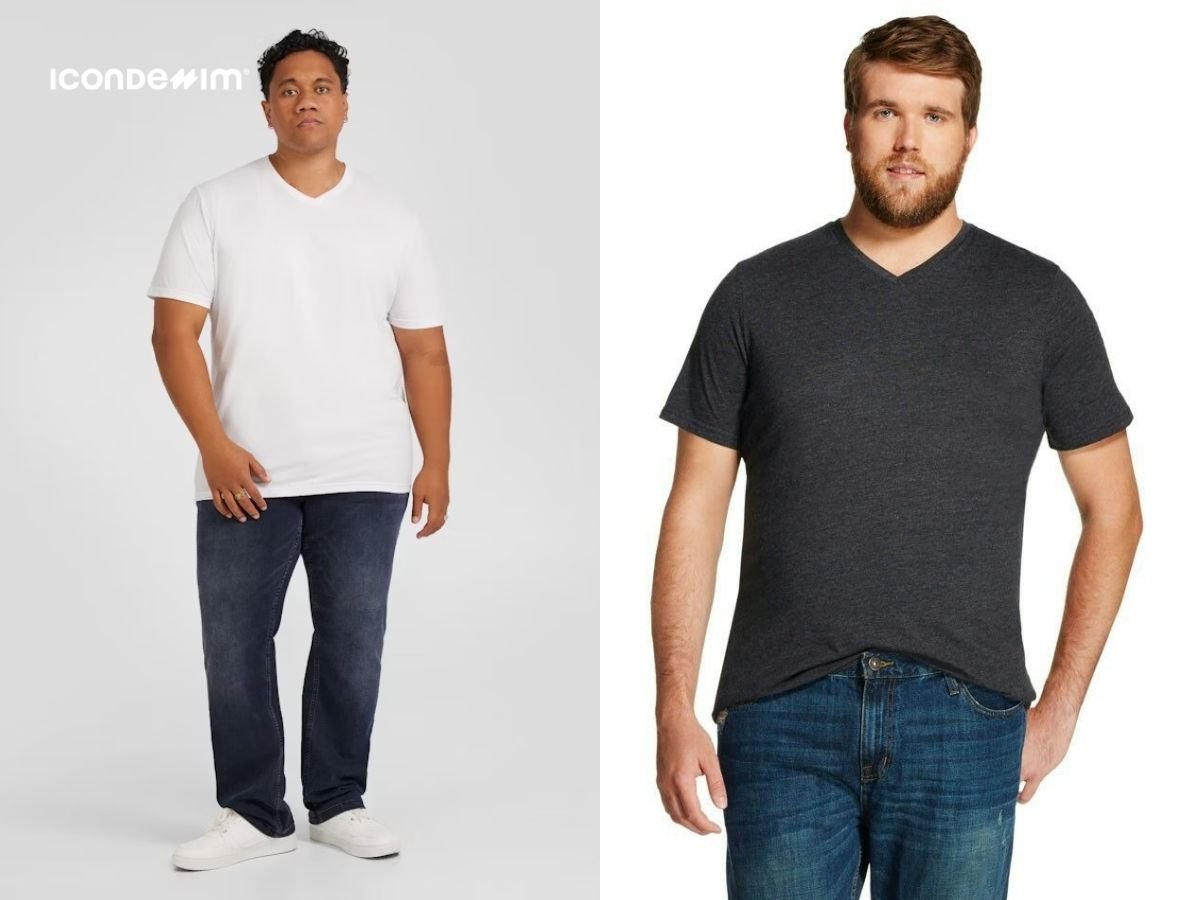Áo thun cổ tim và quần jeans cho nam béo bụng