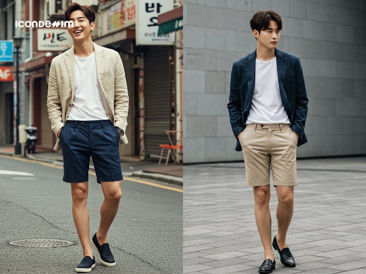 Áo blazer mỏng phối cùng áo thun, quần short và giày lười