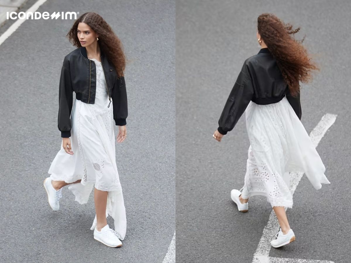 Đầm trắng kết hợp cùng áo khoác bomber