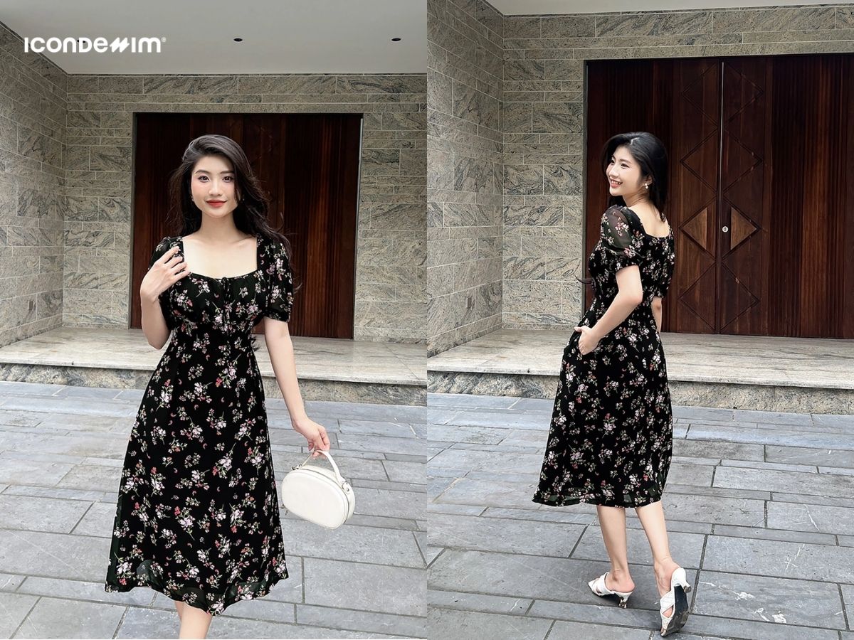 Đầm in hoa mini cổ vuông nữ tính