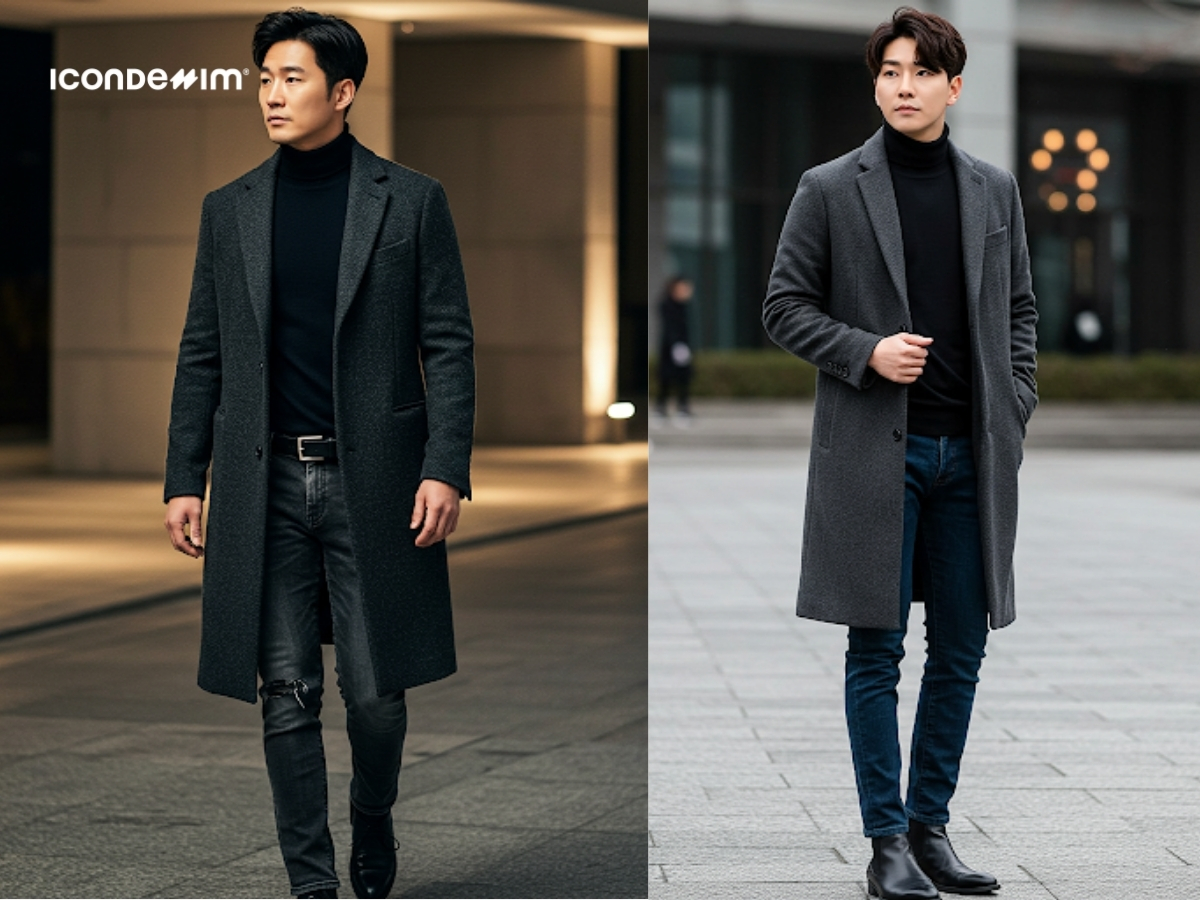 Áo khoác dáng dài, áo thun cổ lọ và quần jeans