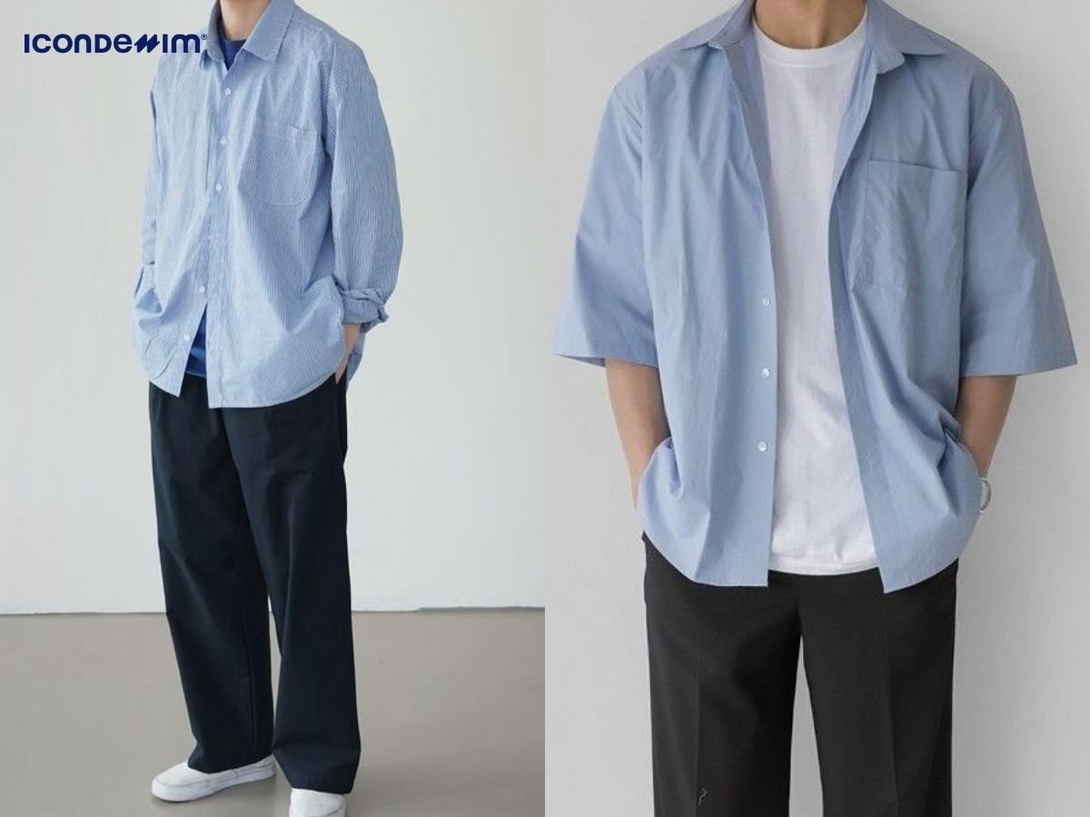 Quần đen và áo xanh dương nhạt thanh lịch