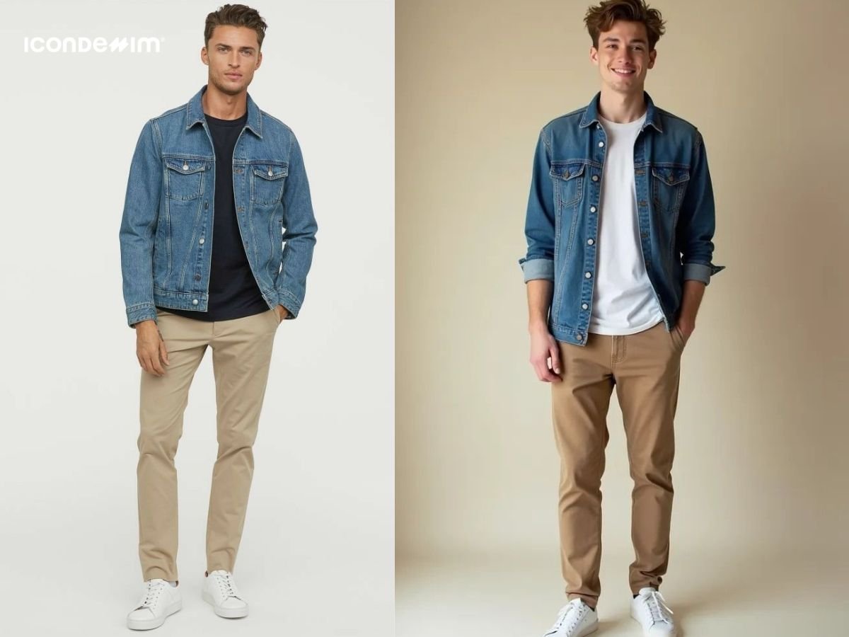 Quần chinos phối áo khoác denim