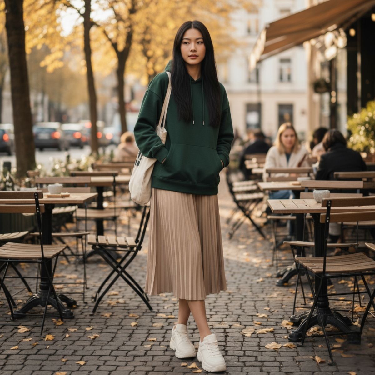 Diện outfit thời trang mùa thu với áo hoodie và chân váy midi