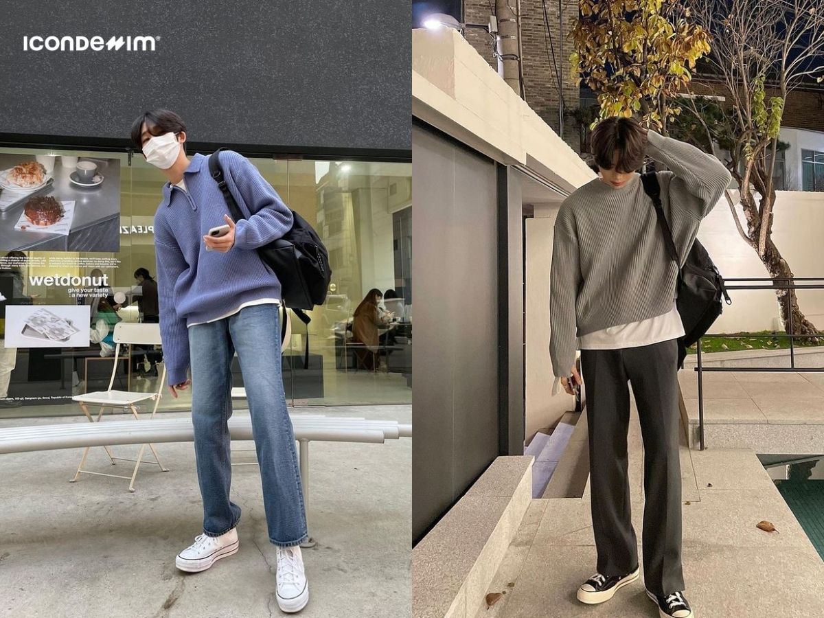 Quần denim diện với áo len phong cách light academia