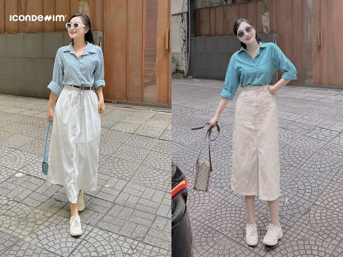 Mix đồ basic với sơ mi và chân váy midi