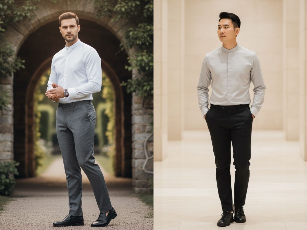 Đồ đi đám cưới với áo sơ cổ tàu và quần tây