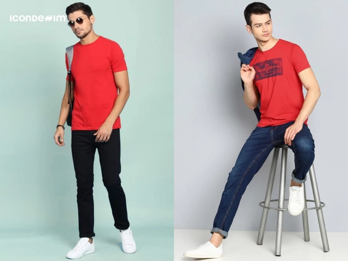 Set đồ đơn giản áo thun đỏ với quần jeans