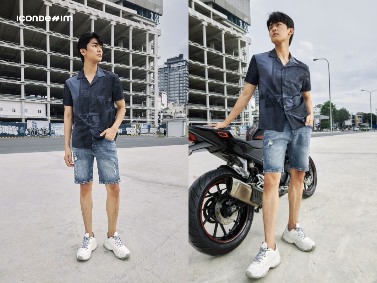 Phối đồ quần short jeans với áo sơ mi Cuban