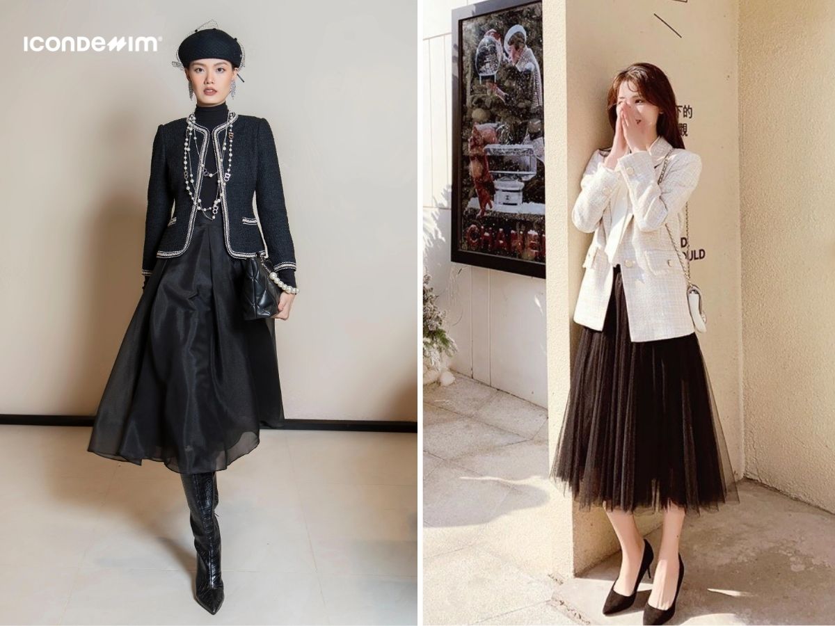 Phối đồ tết nữ áo khoác dạ mix với váy xòe