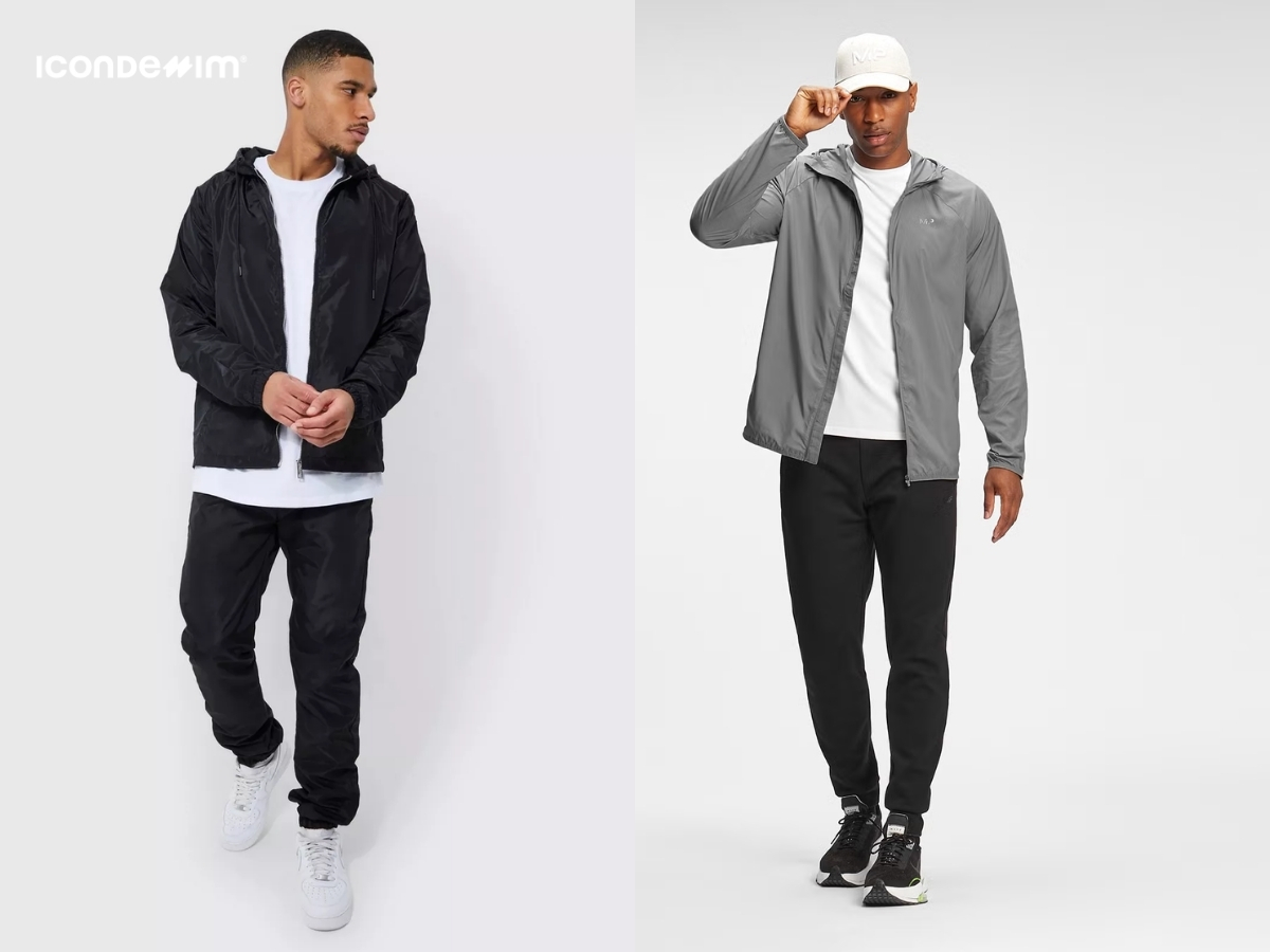 Phối áo khoác dù mỏng, áo thun basic và quần jogger