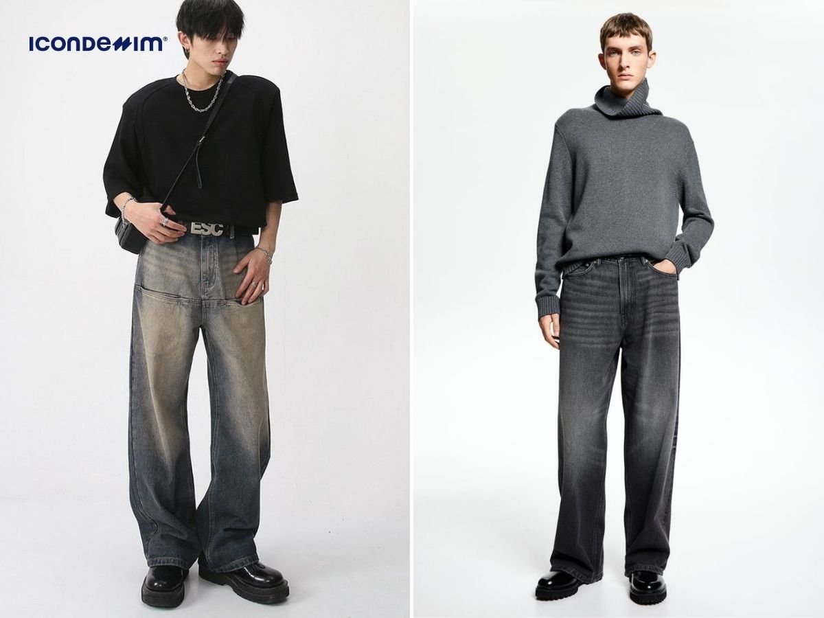 Phối quần jeans ống rộng với áo thun hoặc áo len tối màu
