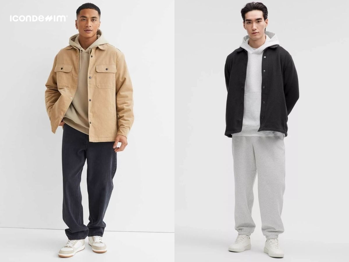Phối áo hoodie layer với áo khoác kaki và quần ống rộng