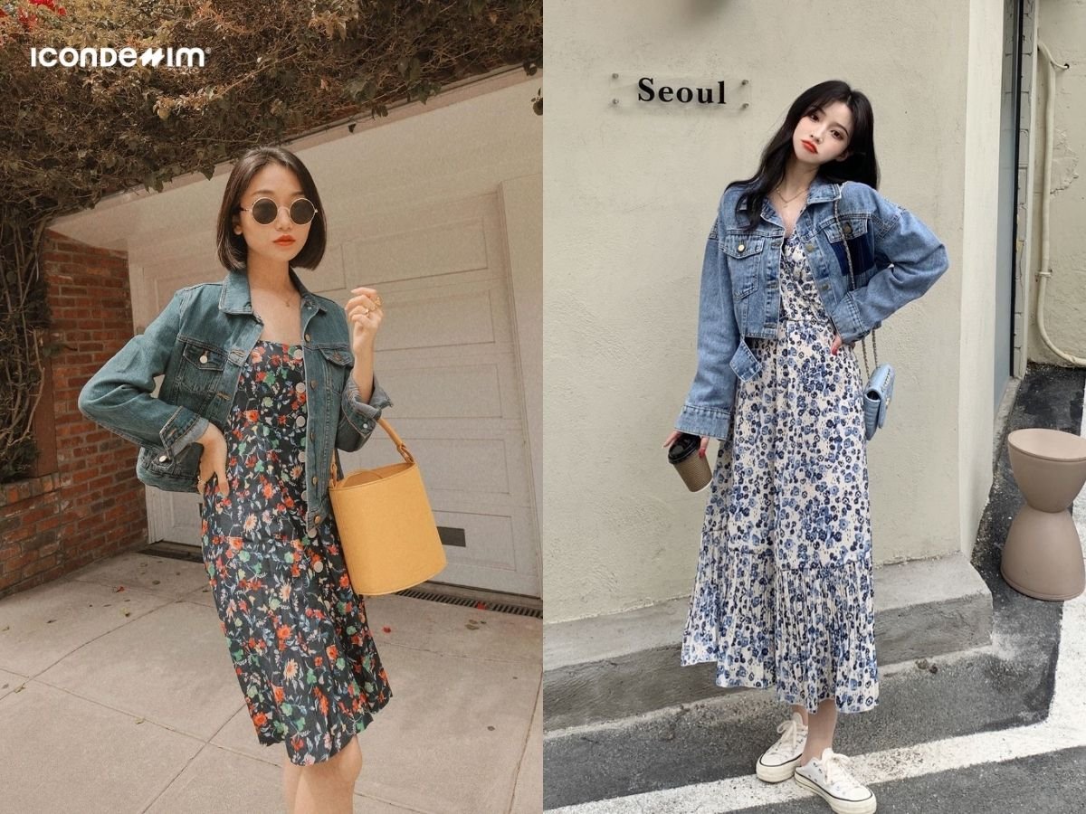 Phối đồ tết đầm hai day và áo khoác jeans