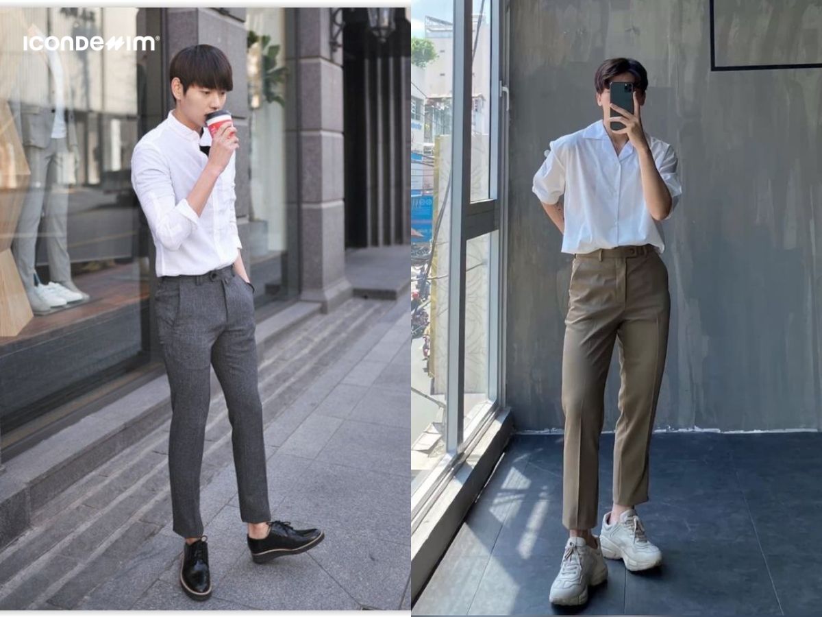 Phối đồ tết nam áo sơ mi trắng với quần chinos