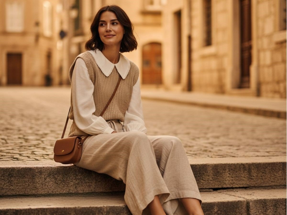 Style retro với quần ống rộng và áo gile len