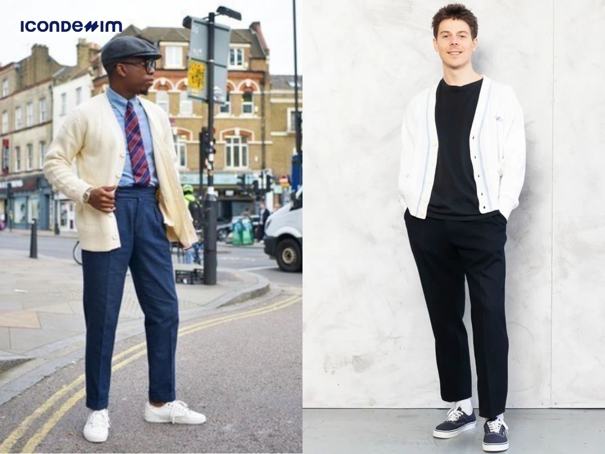 Công thức phối quần tây, giày sneaker với áo cardigan