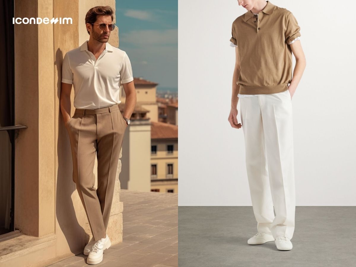 Phối áo polo, quần tây gam màu trung tính với giày sneaker trắng