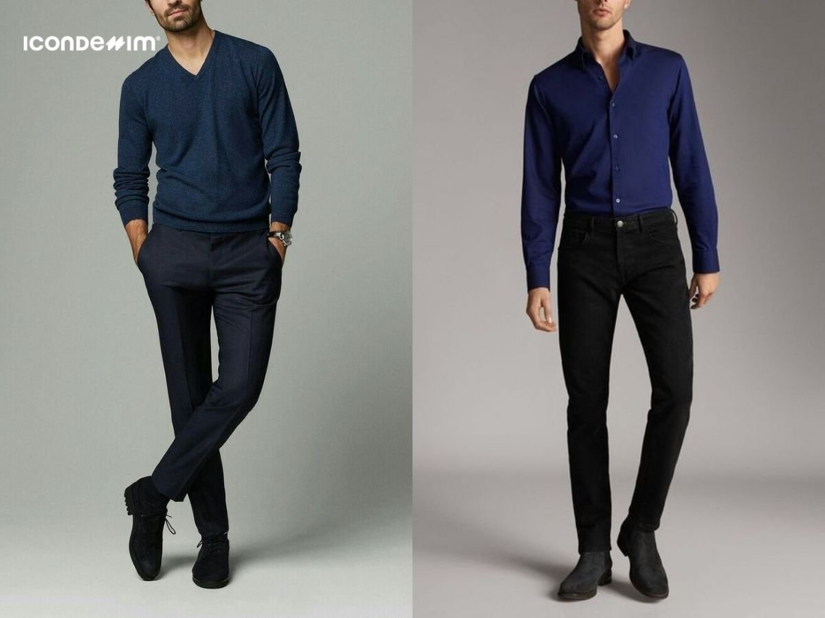 Quần đen có thể phối với áo màu xanh navy cho vẻ ngoài nam tính, lịch lãm