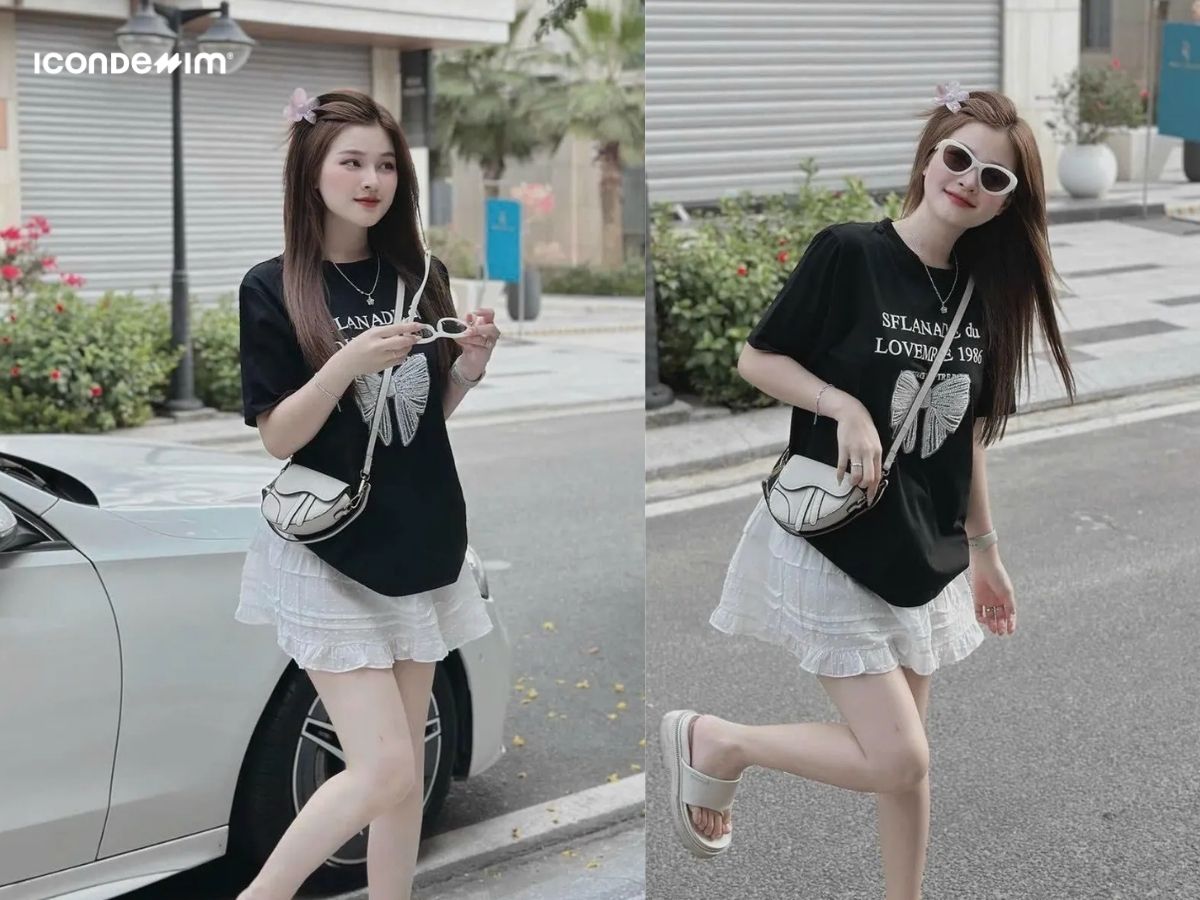 Áo thun in hình nơ phối với chân váy và túi xách