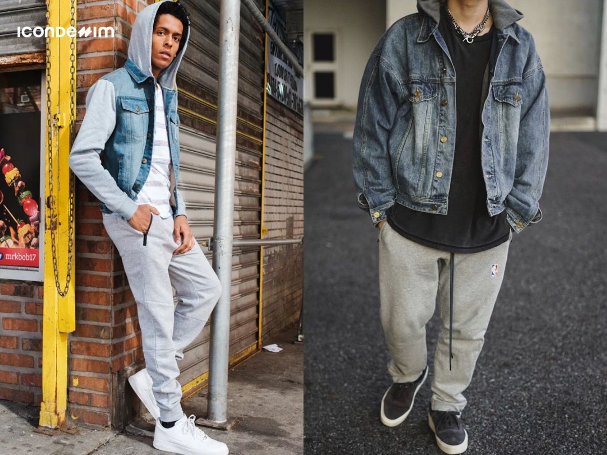 Mix and match áo khoác jeans, áo tank top và quần jogger