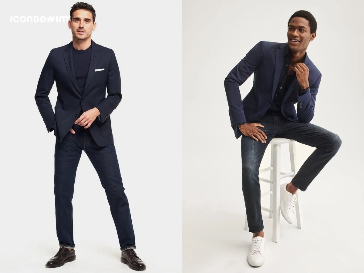 Phối áo blazer và quần jeans tông navy