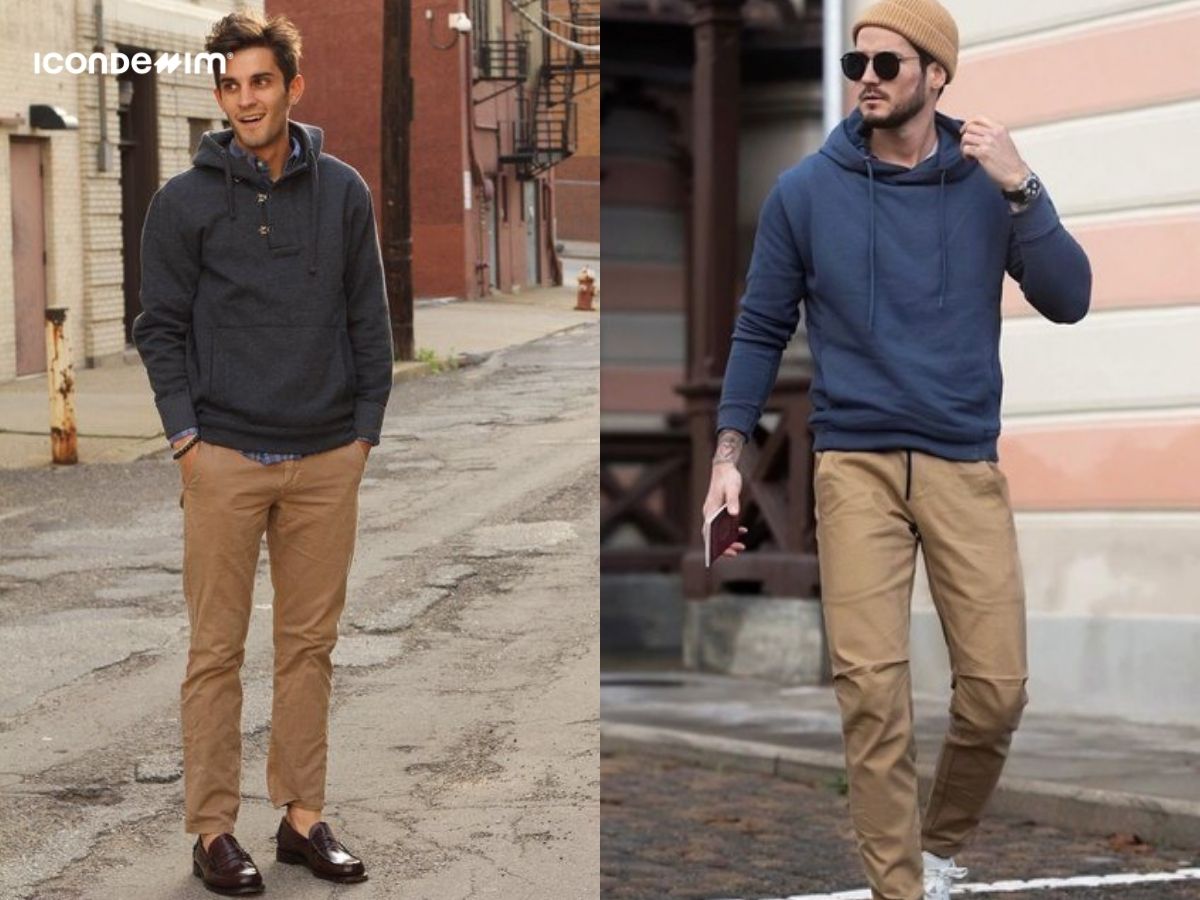 Phối đồ áo hoodie và quần kaki cho nam đùi to