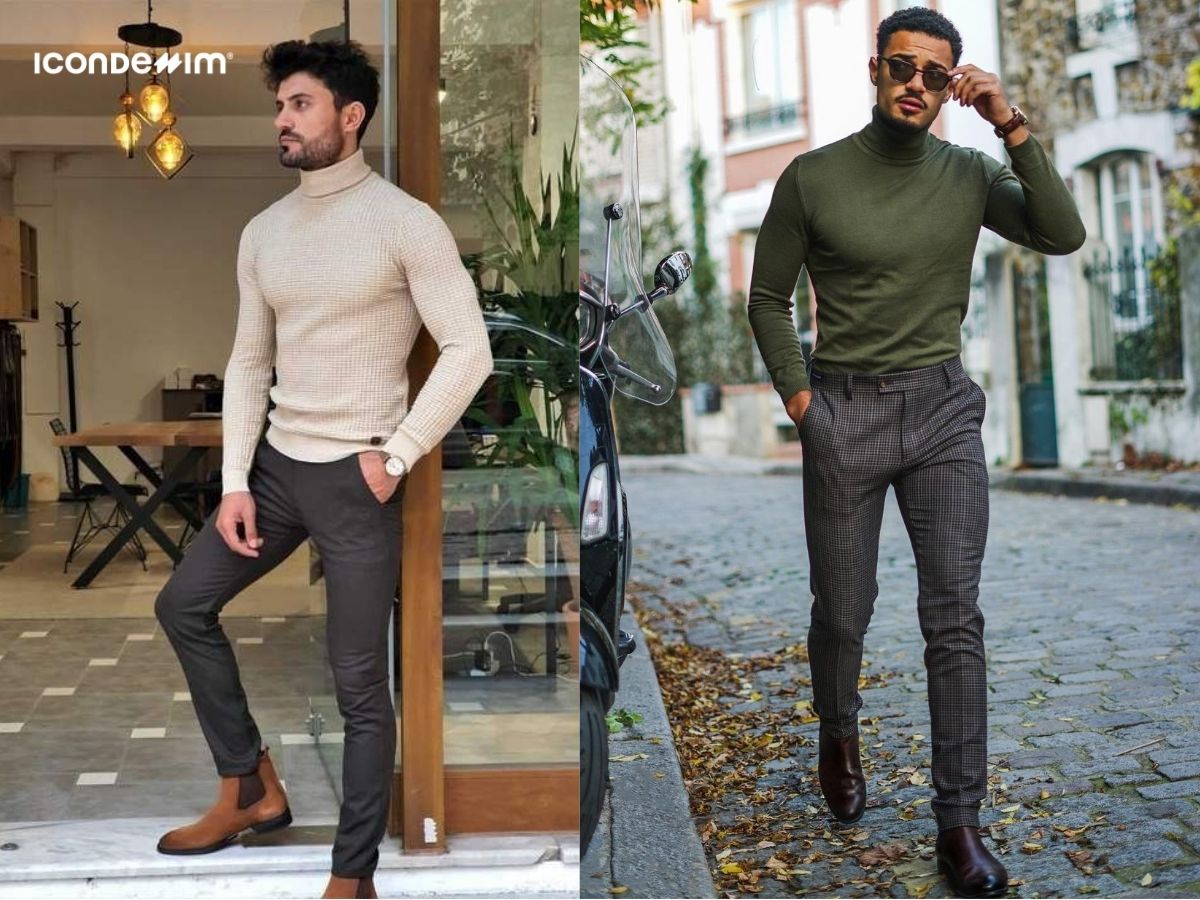 Phối với áo len cổ lọ với quần trouser tông màu trung tính