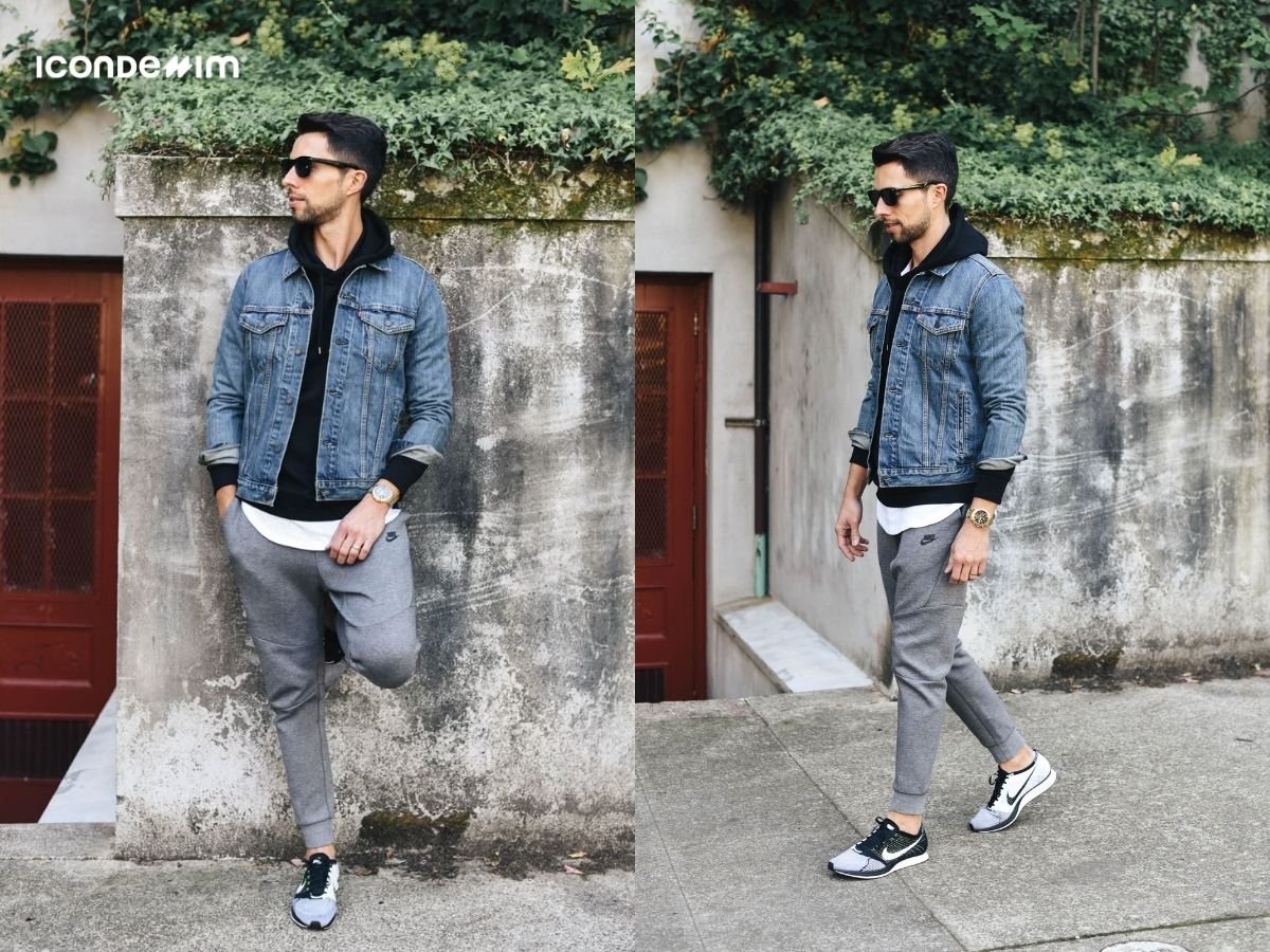 Set đồ áo hoodie, áo khoác jeans và quần jogger