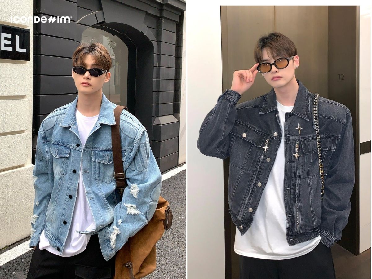 Phối áo khoác jeans và áo thun form rộng