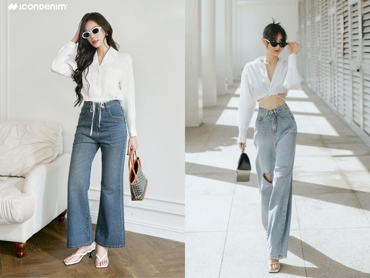 Áo sơ mi phối cùng quần jeans ống loe nữ
