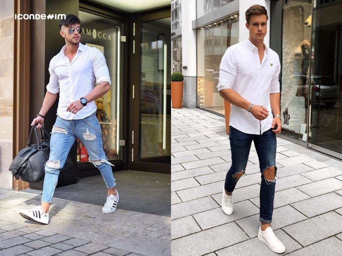 Quần jeans rách gối màu đen với áo sơ mi trắng