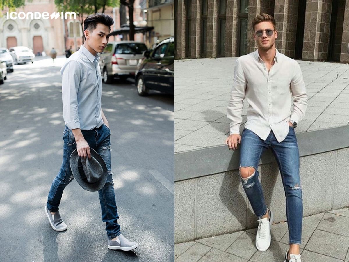 Năng động với quần jean, áo sơ mi và giày sneakers