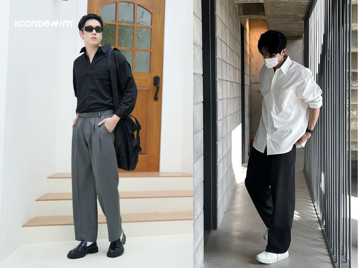 Phối đồ Tết cho nam sinh: áo sơ mi form rộng, quần tây và giày sneaker